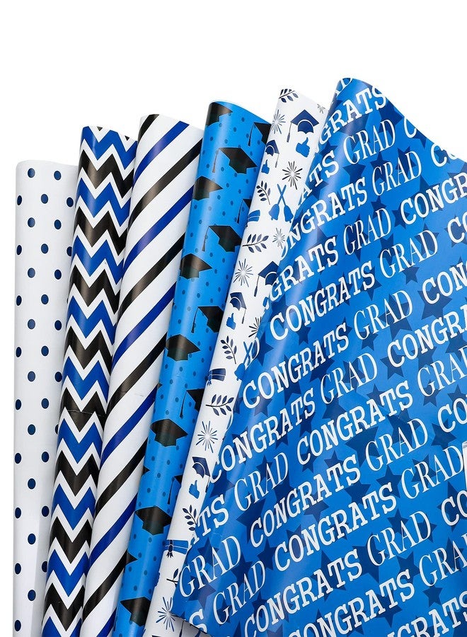 Whaline 12 Sheet Graduation Wrapping Paper Congrats Grad Wrapping Paper 19.7 x 27.6 Inch Grad Cap Stripes Dots Blue Black White Dots Stripes Folded Flat Gift Wrap Paper for Graduation Party - Image 1
